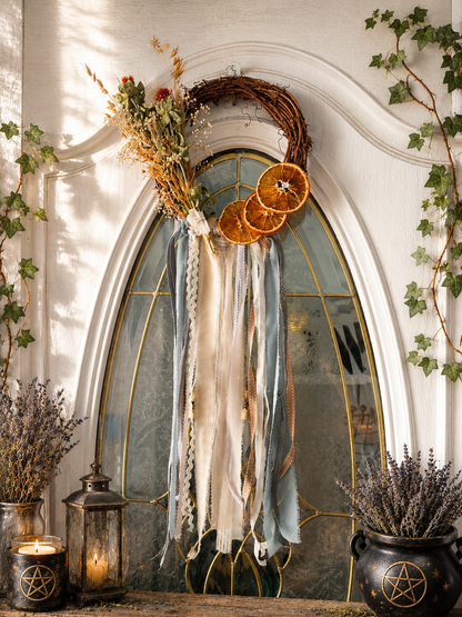 Handmade Witch Bells Grapevine Wreath | Selenite Crystal Door Hanger | Boho Decor | Wall Decor