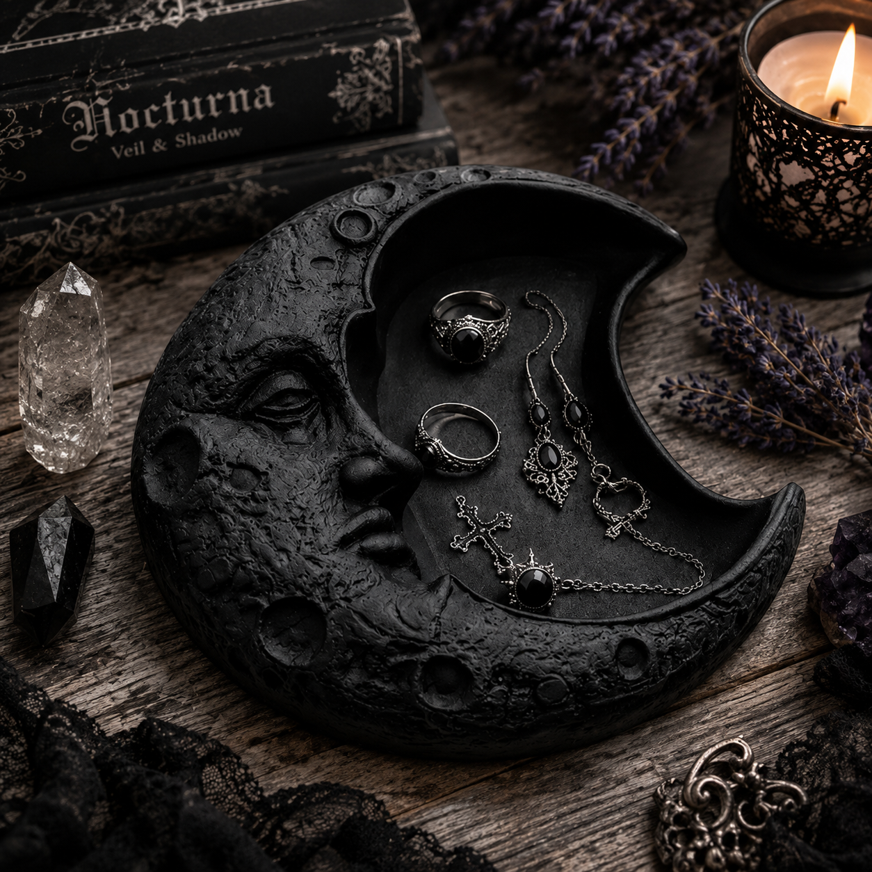 Gothic Crescent Moon Jewelry Tray &amp; Crystal Charging Dish