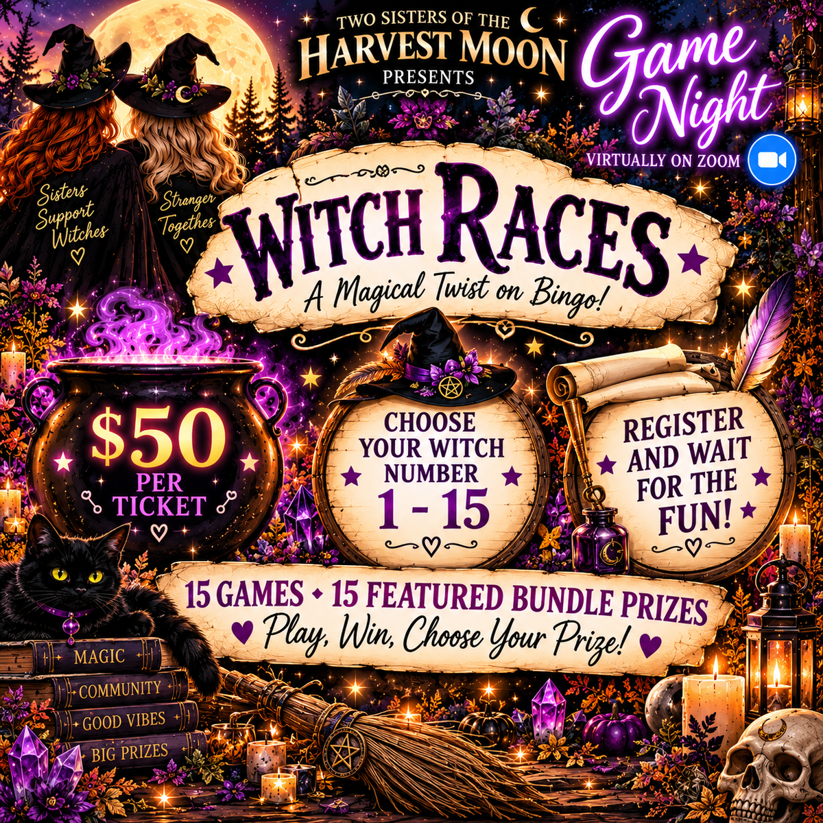 🧙‍♀️ WITCH RACES – VIRTUAL GAME NIGHT 🧙‍♀️ HOSTED BY TWO SISTERS OF THE HARVEST MOON