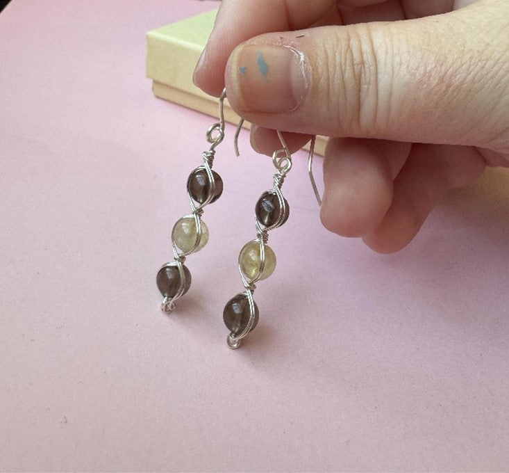 Handmade Wire Wrapped Earrings with Smoky Quartz and Citrine Gemstones