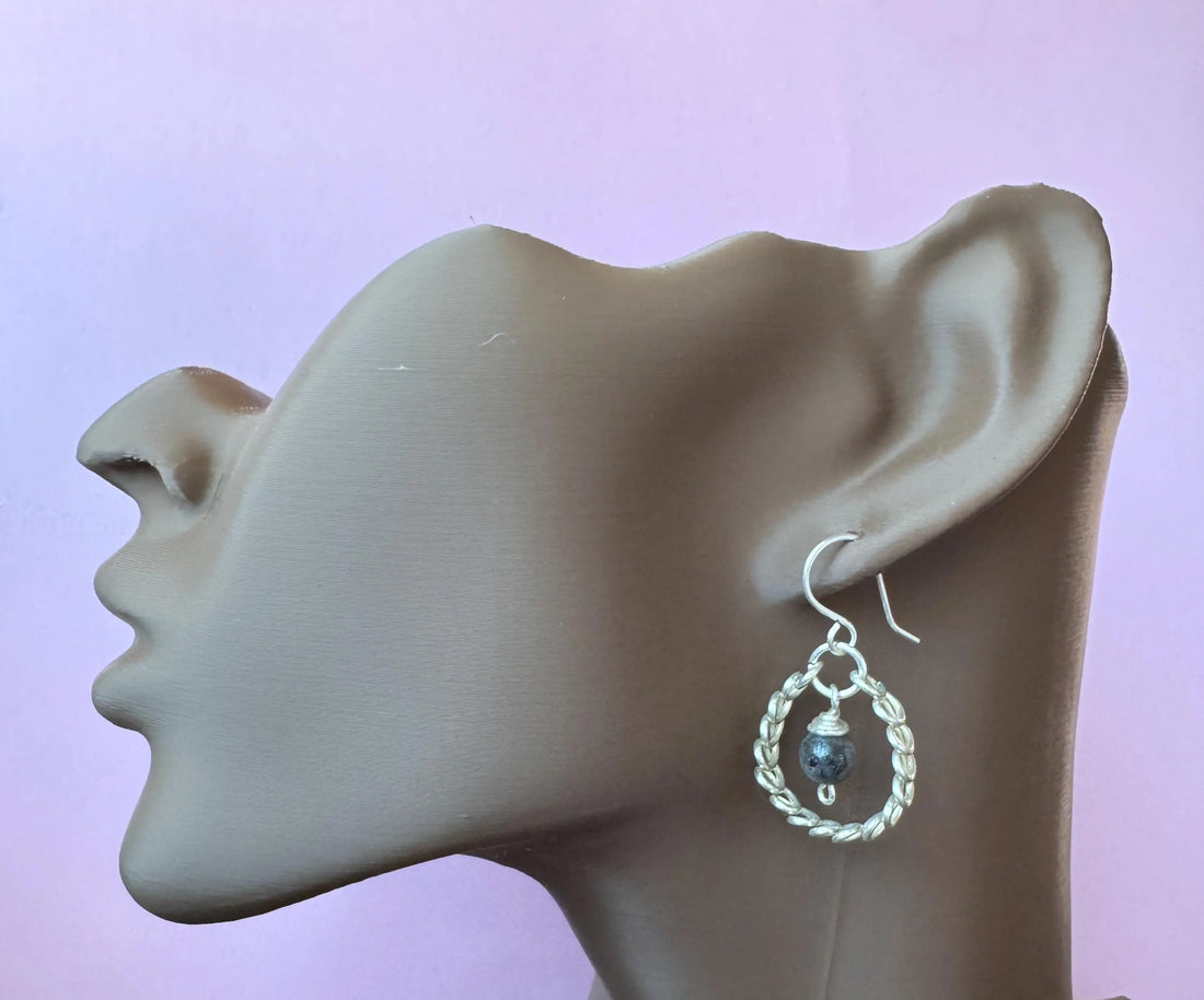 Handmade Silver Coil Hoops with Labradorite Crystals
