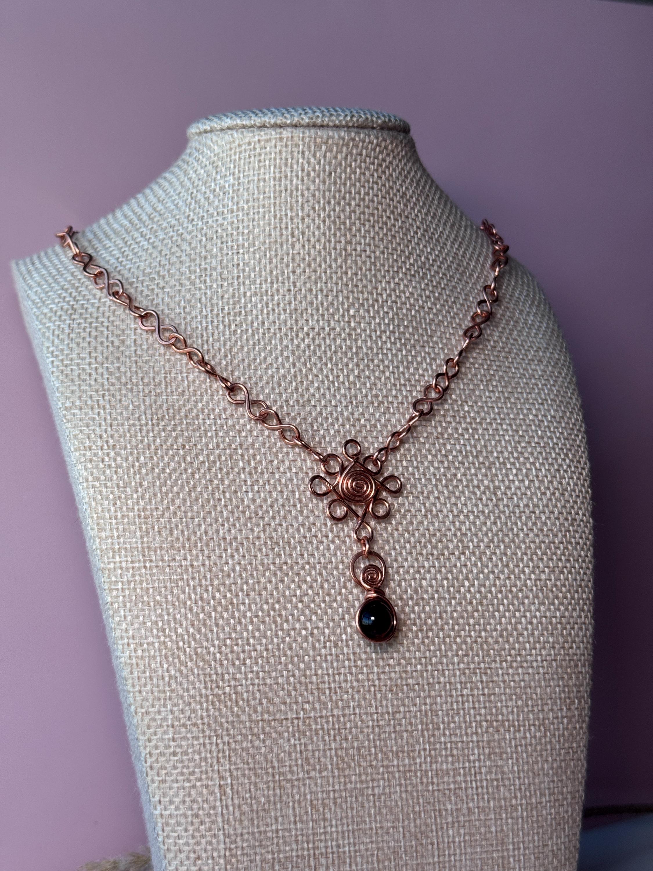 Copper Wire Wrapped Flower Necklace with Tigers Eye Crystal