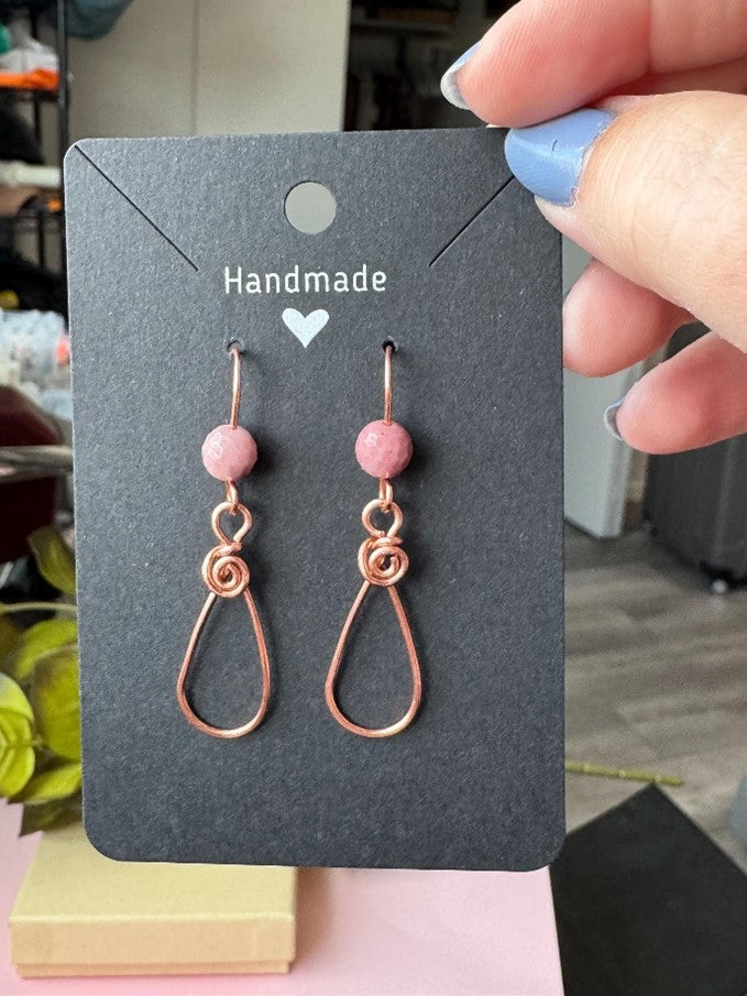 Teardrop Copper Earrings with Rhodochrosite