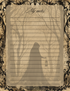 Notebook page with silhouette of a person holding a lantern in a forest, titled &