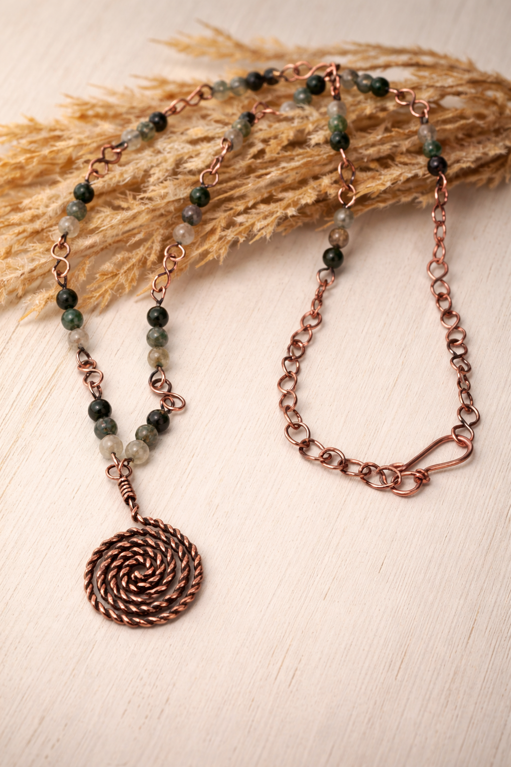 Twisted Spiral Moss Agate Necklace