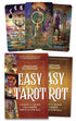 Easy Tarot New Edition box set by Josephine Ellershaw and Ciro Marchetti, showing the front and back cover art with three fanned sample cards (Ace of Cups, The Empress, Knight of Swords) from the Gilded Tarot Royale deck above the box.