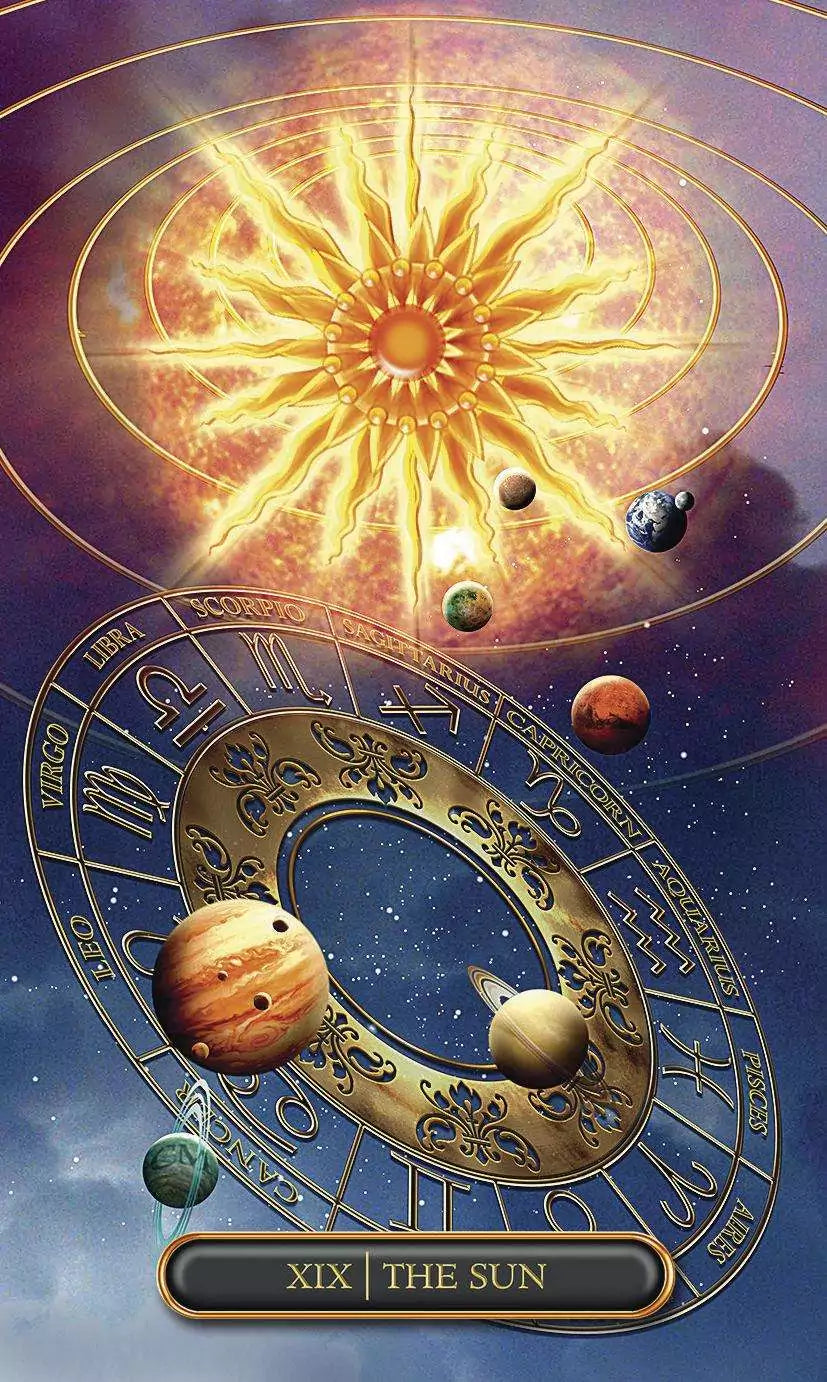 The Sun card from the Gilded Tarot Royale deck included in the Easy Tarot New Edition set, showing a radiant sun above a gold zodiac wheel with orbiting planets.