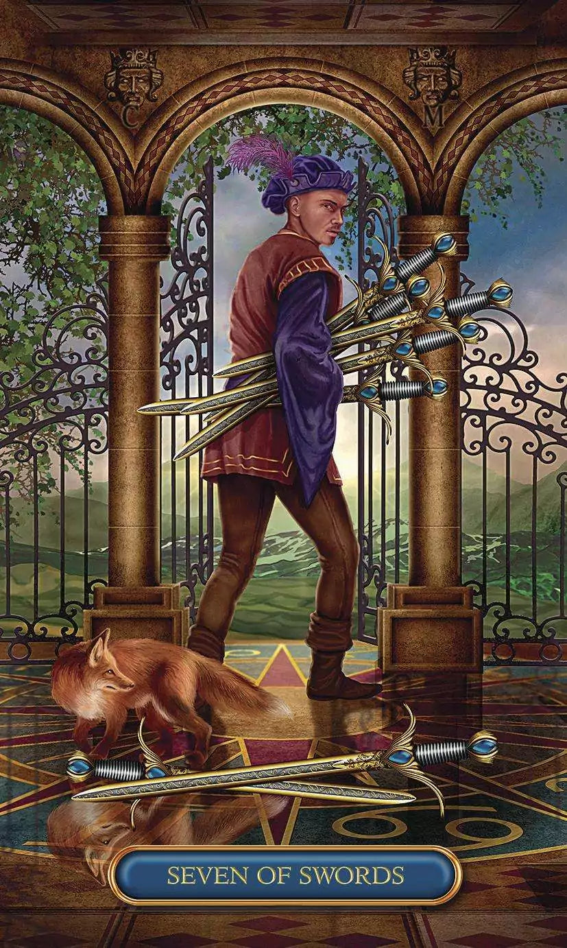Seven of Swords card from the Gilded Tarot Royale deck included in the Easy Tarot New Edition set, showing a figure carrying swords away through an ornate gate as a fox looks on.