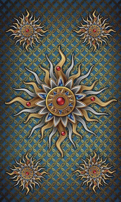 Card back design for the Gilded Tarot Royale deck included in the Easy Tarot New Edition set, featuring a gold and silver sun medallion pattern on a blue background.
