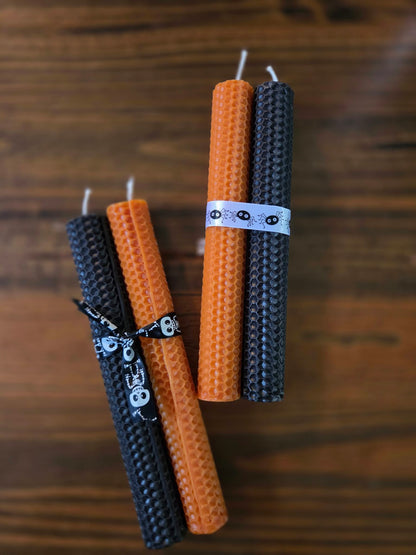 Trick &amp; Hex - Pair of Hand-rolled Beeswax Halloween Candles
