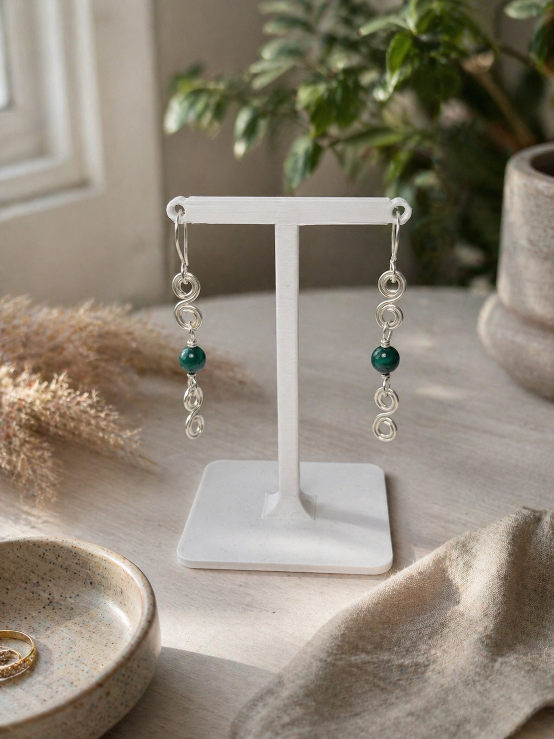 Malachite silver swirl earrings