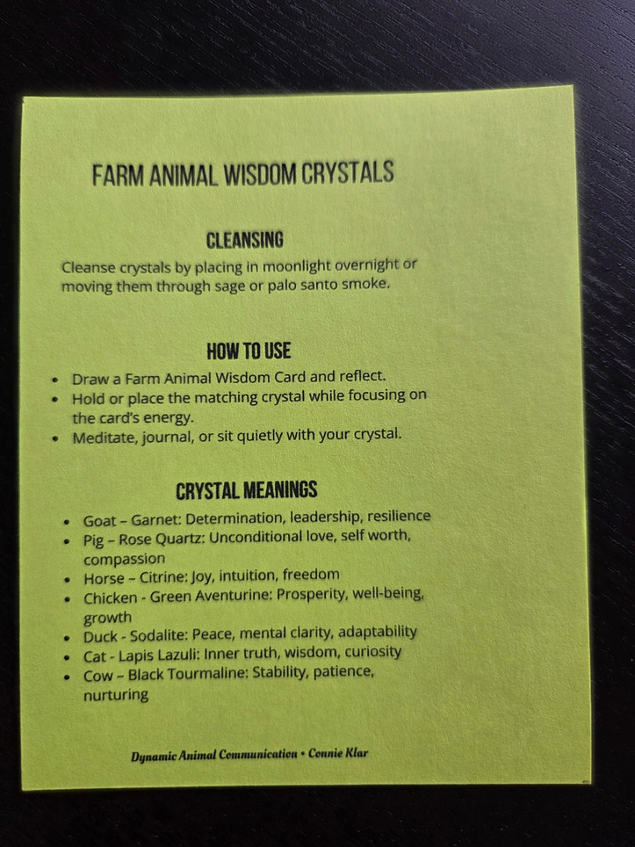 Farm Animal Wisdom Crystals reference card on yellow-green paper. Lists crystal pairings: Goat with Garnet, Pig with Rose Quartz, Horse with Citrine, Chicken with Green Aventurine, Duck with Sodalite, Cat with Lapis Lazuli, and Cow with Black Tourmaline. Includes cleansing and how-to-use instructions
