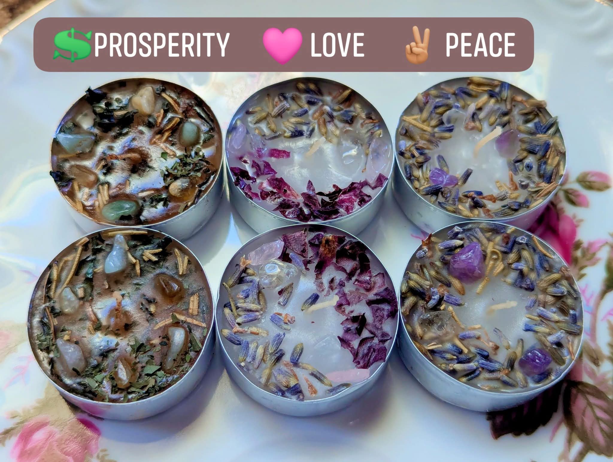 Herb and Crystal Infused Intention Tealight Candles | Love | Prosperity | Calm |