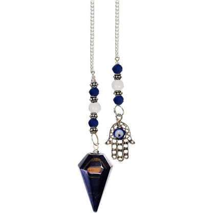 Blue Tiger Eye Pendulum with Fatima Hand &amp; Evil Eye – Hexagonal Crystal Divination Tool