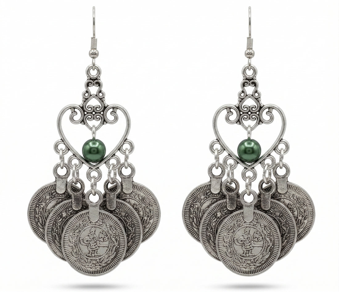 Prosperity Charm Green Bead &amp; Coin Earrings