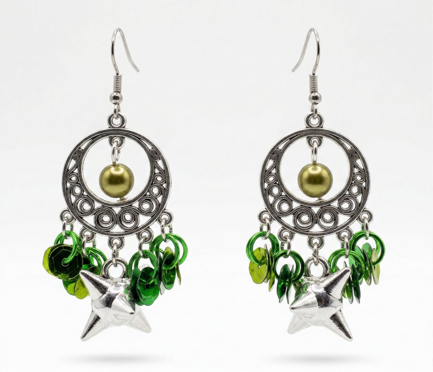 Divine Elegance Green Sequin &amp; Silver Earrings
