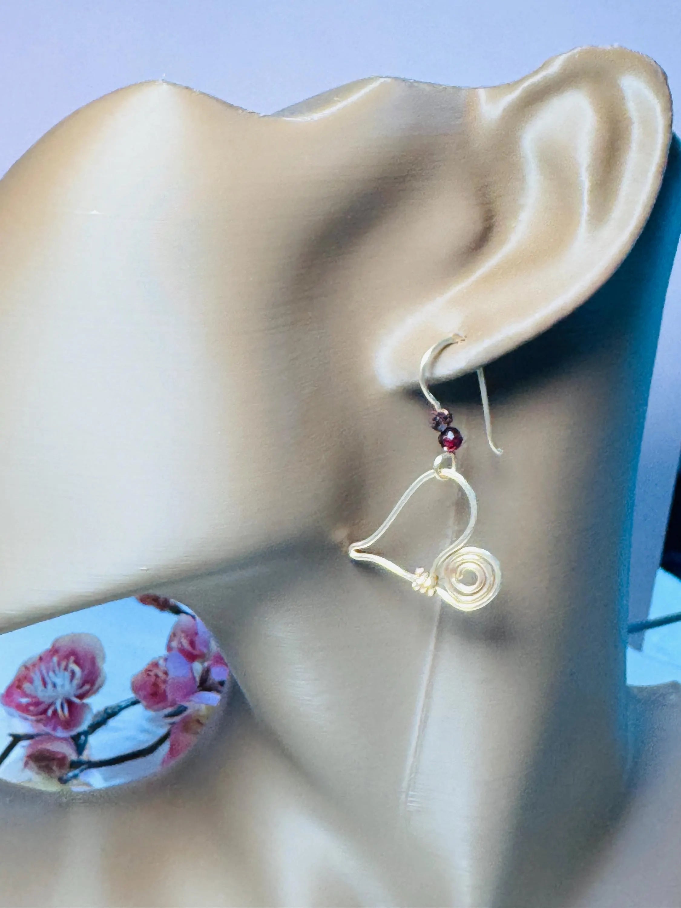 Gold Heart Earrings with Red Garnet Crystals