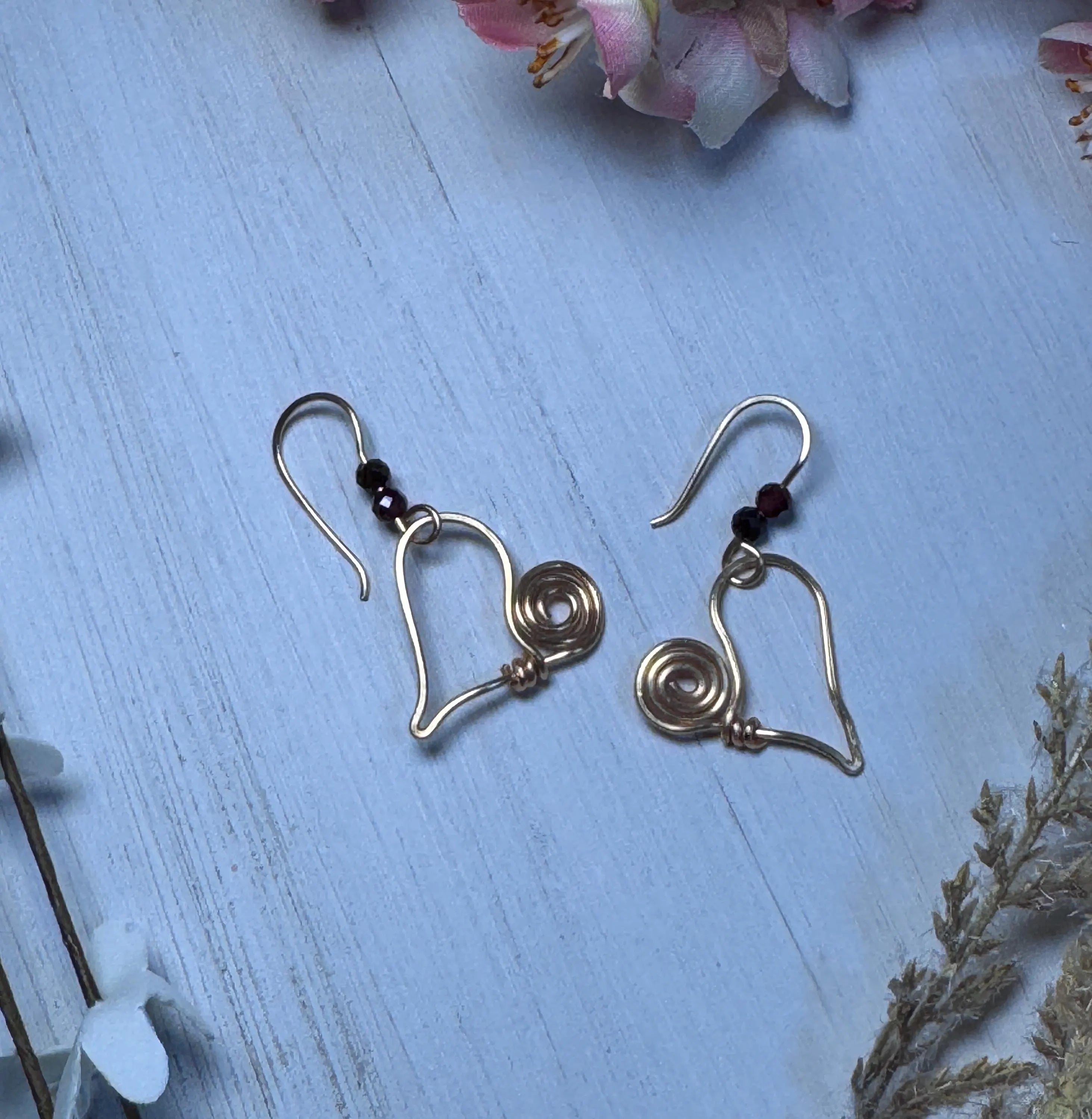 Gold Heart Earrings with Red Garnet Crystals