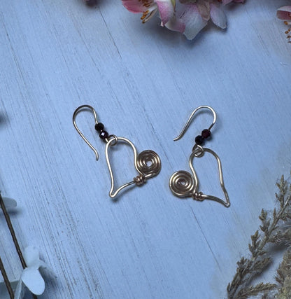 Gold Heart Earrings with Red Garnet Crystals