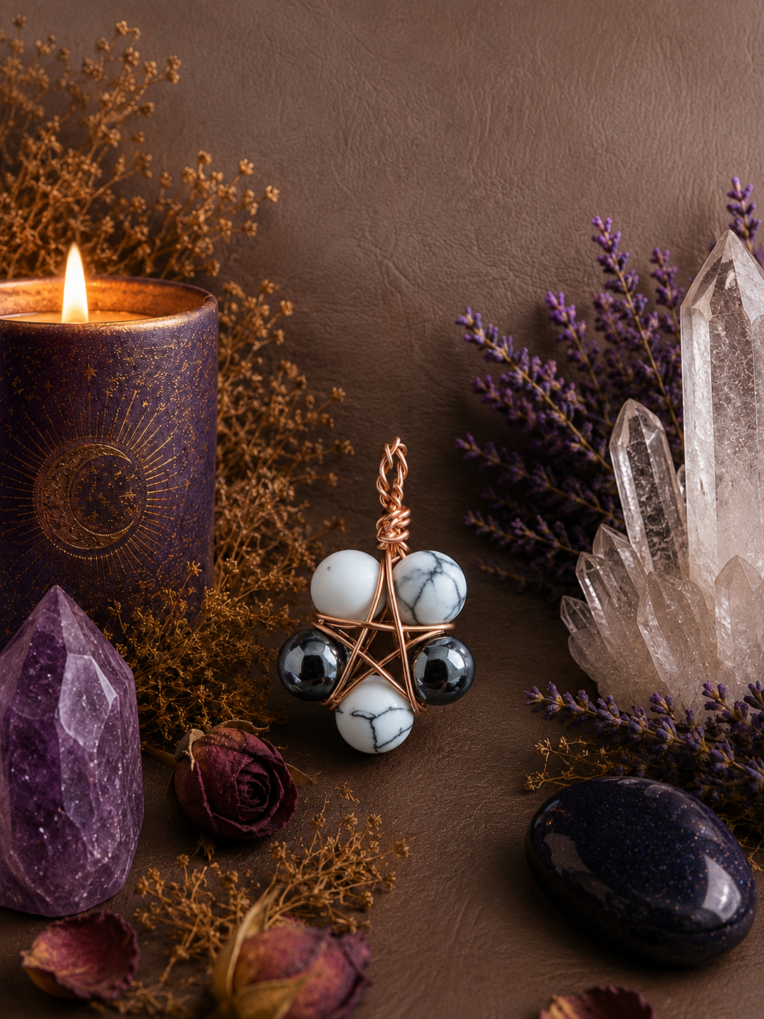 The Guardian Pentacle - Howlite &amp; Hematite