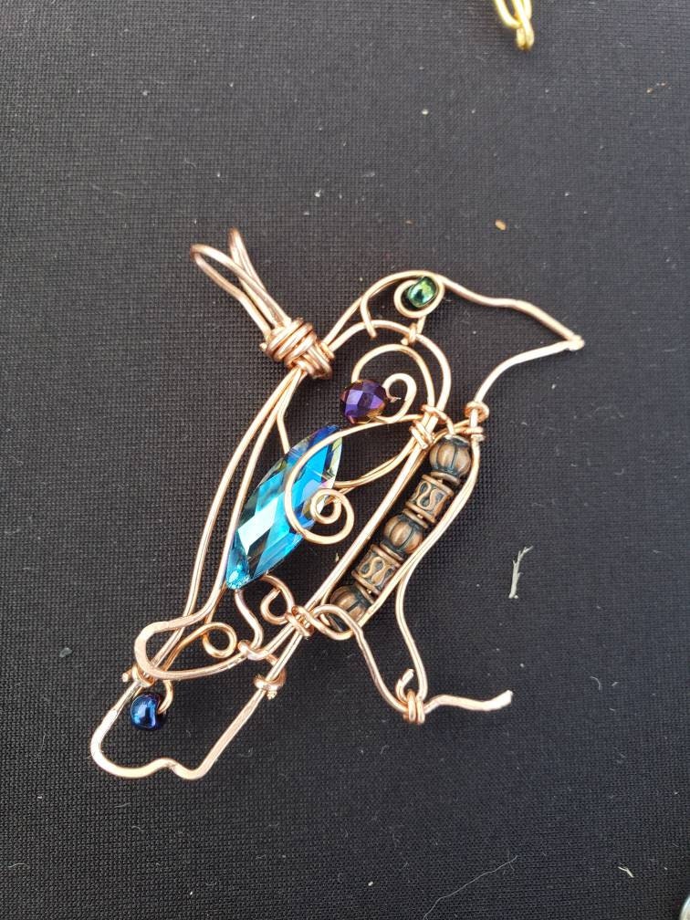 Copper,silver Wire Raven crow Necklace, raven gift, boho jewelry, girl gift jewelry,wire raven, raven lover gift, tribal crow, spirit animal