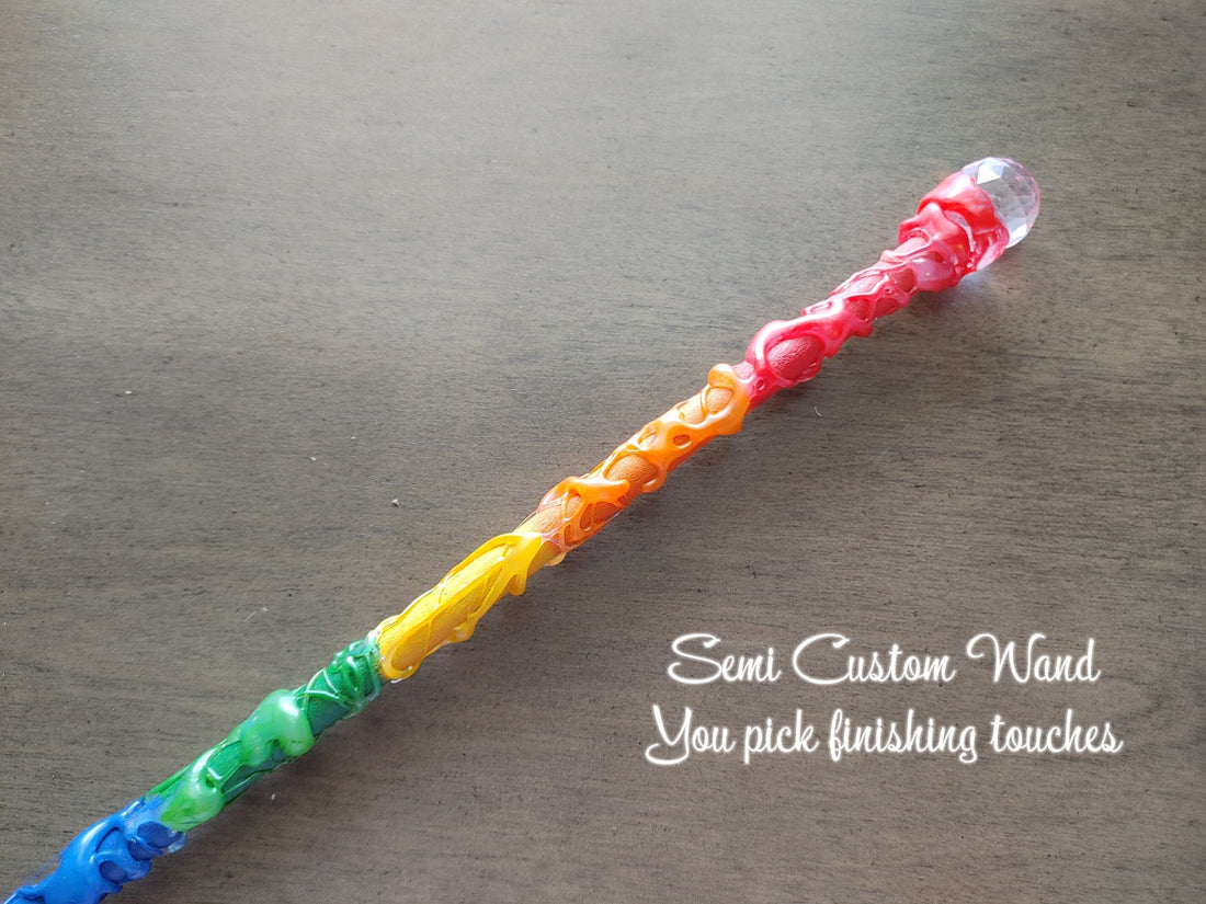 Rainbow Witch Wand, Semi-Custom with Quartz Point &amp; Charms
