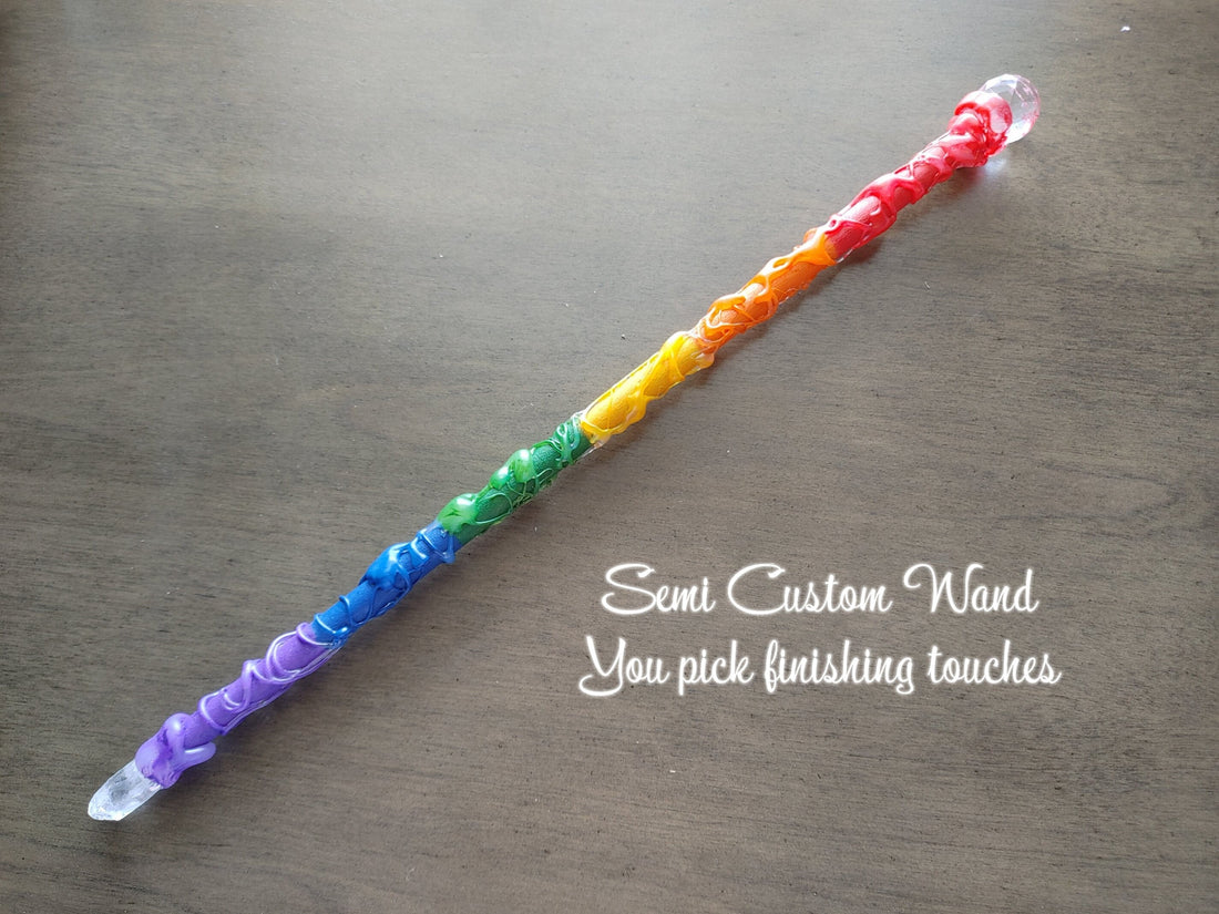 Rainbow Witch Wand, Semi-Custom with Quartz Point &amp; Charms