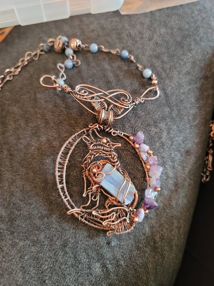 Copper spirit animal wolf necklace men, bohemian jewelry women, copper jewelry handmade, coyote necklace, southwestern,wolf, agate, amethyst