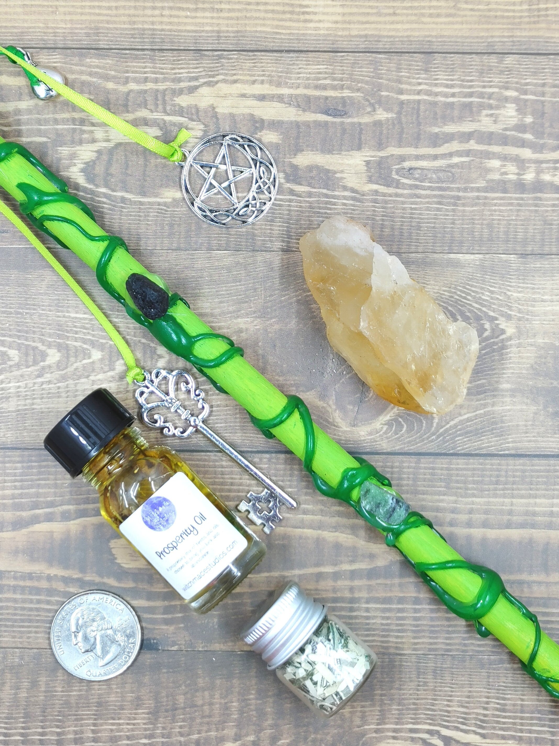 Abundance Witch Wand Set, Citrine Crystal, Prosperity Oil, Money Spell
