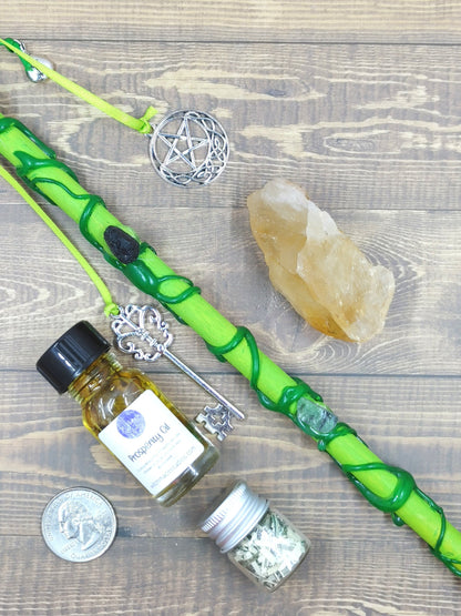 Abundance Witch Wand Set, Citrine Crystal, Prosperity Oil, Money Spell