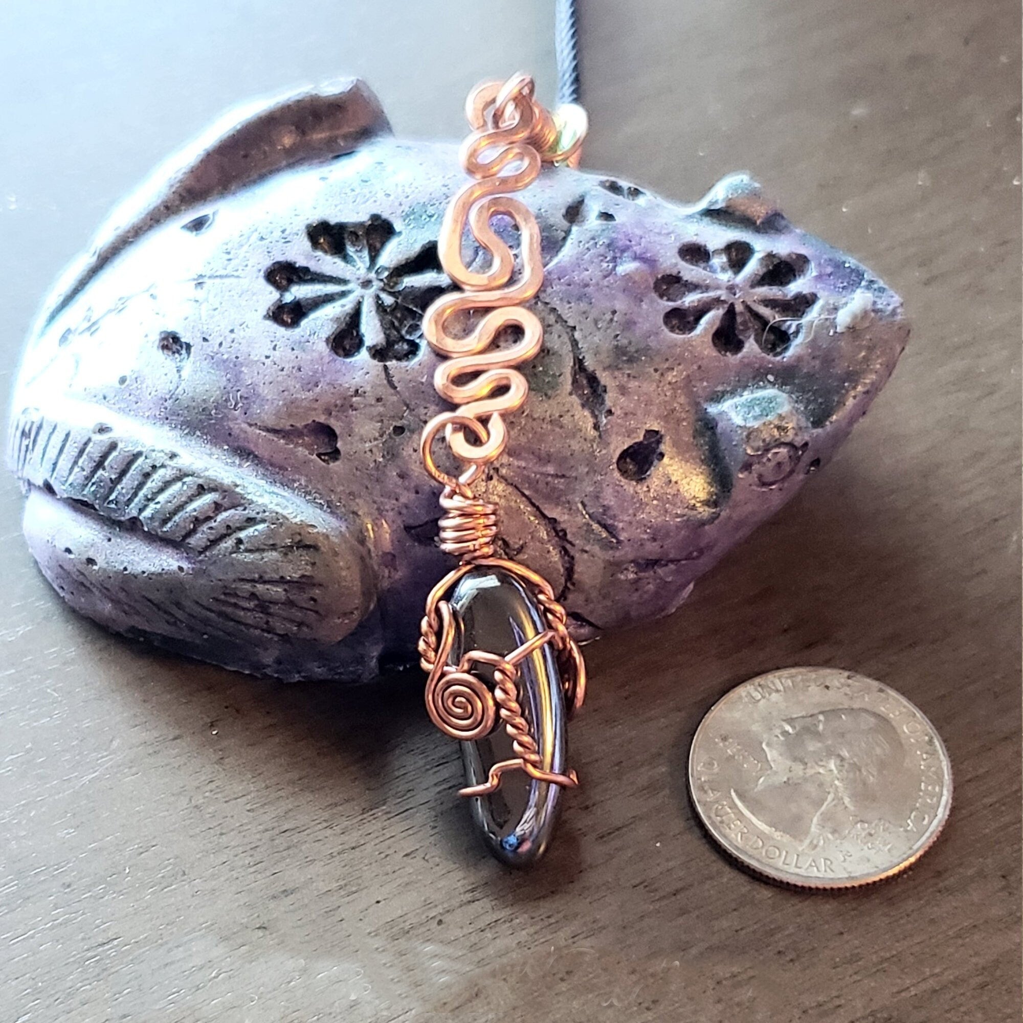 Hematite Wire Wrap Crystal Necklace, Copper Metaphysical Jewelry JN142