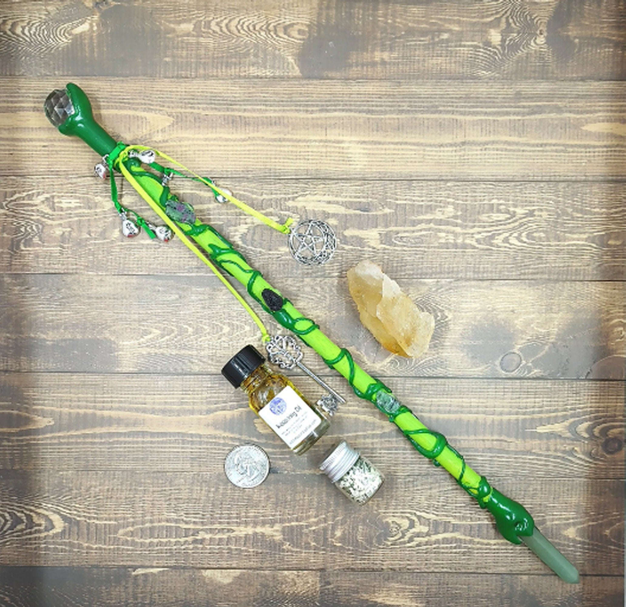 Abundance Witch Wand Set, Citrine Crystal, Prosperity Oil, Money Spell