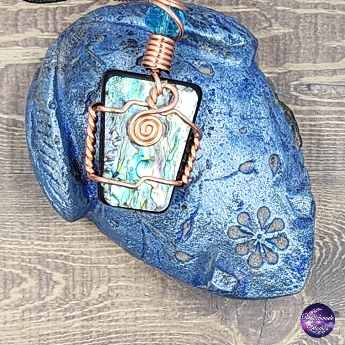 Abalone Wire Wrap Crystal Necklace, Copper Metaphysical Jewelry JN169