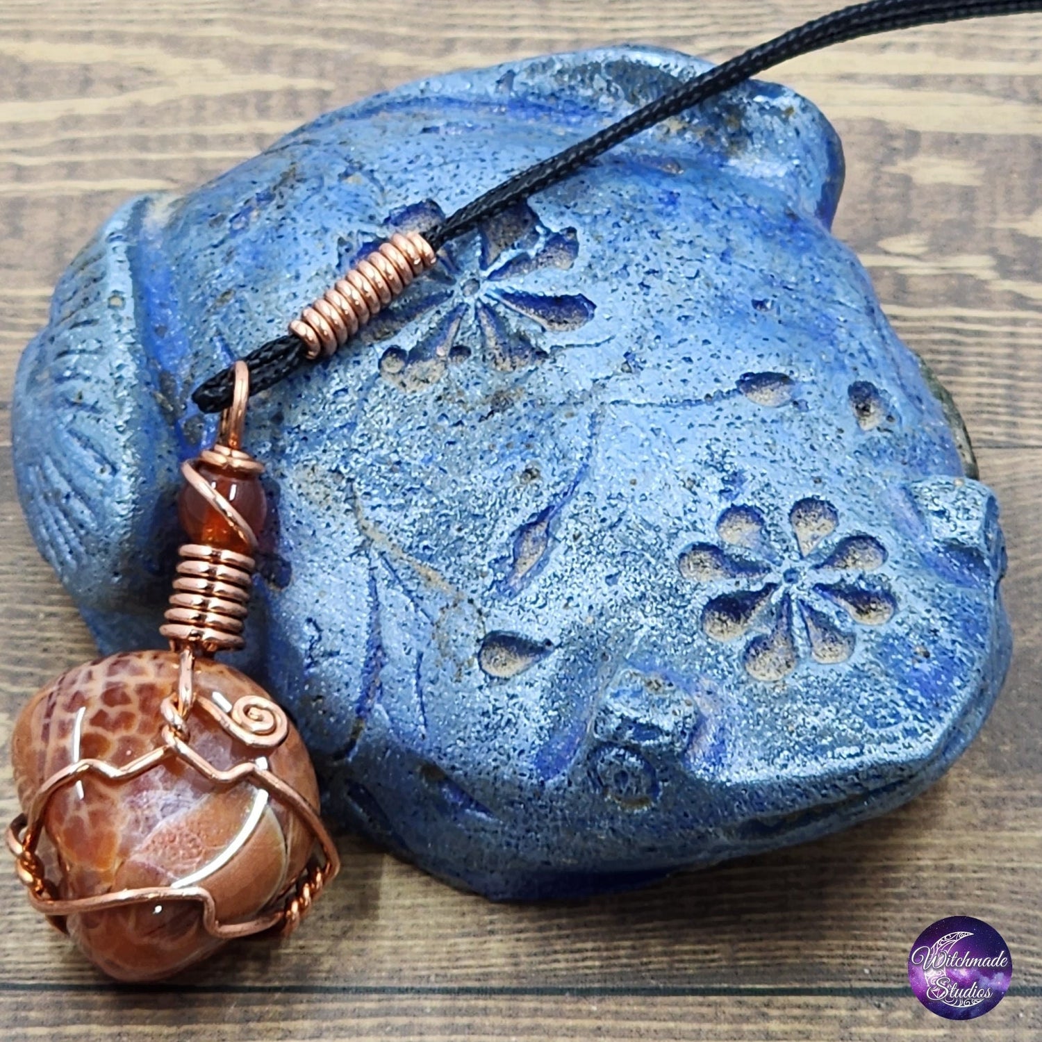 Fire Agate Wire Wrap Crystal Necklace, Copper Metaphysical Jewelry JN166