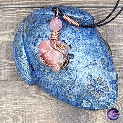 Rhodochrosite Wire Wrap Crystal Necklace, Copper Metaphysical Jewelry JN167