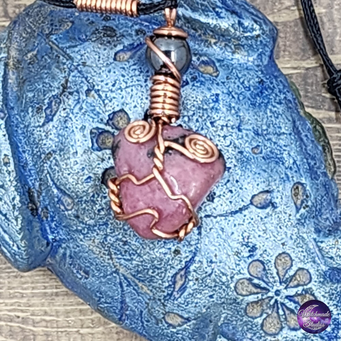 Rhodonite Wire Wrap Crystal Necklace, Copper Metaphysical Jewelry JN162