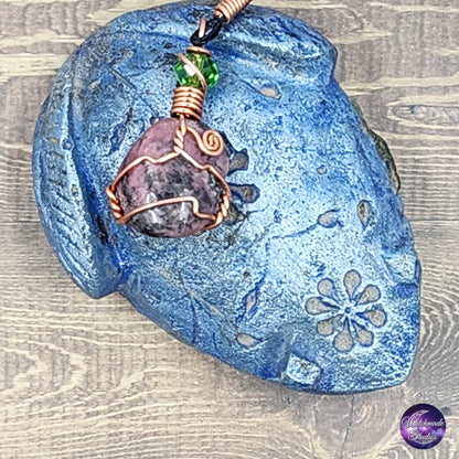 Rhodonite Wire Wrap Crystal Necklace, Copper Metaphysical Jewelry JN168