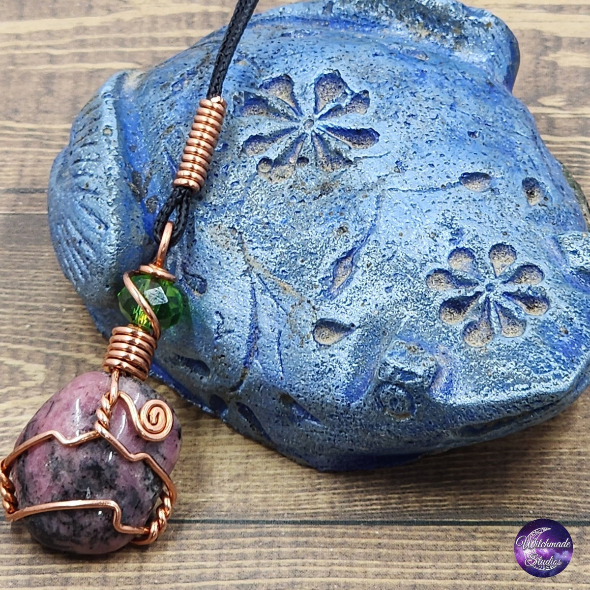 Rhodonite Wire Wrap Crystal Necklace, Copper Metaphysical Jewelry JN168
