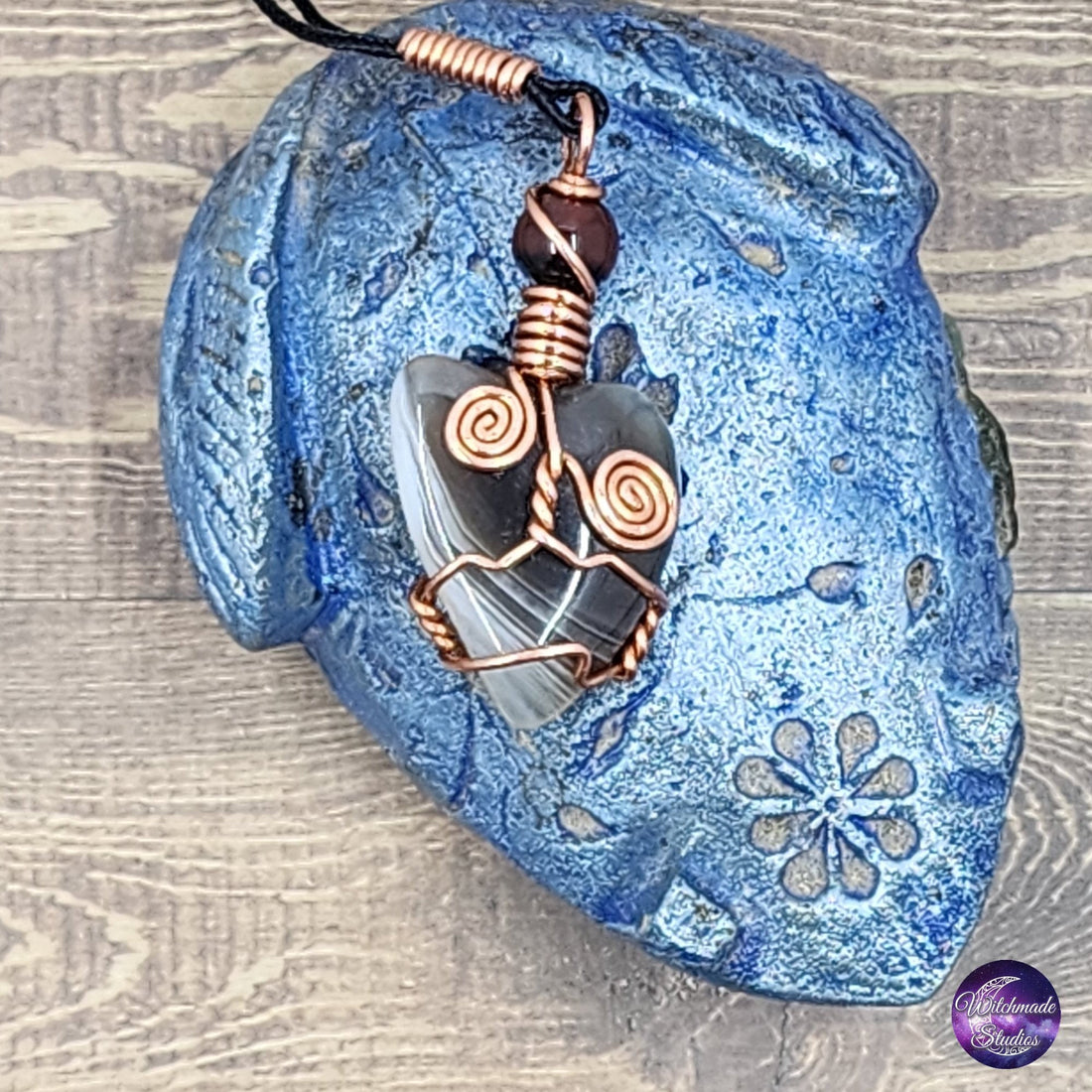 Botswana Agate Heart Wire Wrap Crystal Necklace, Copper Metaphysical Jewelry JN175