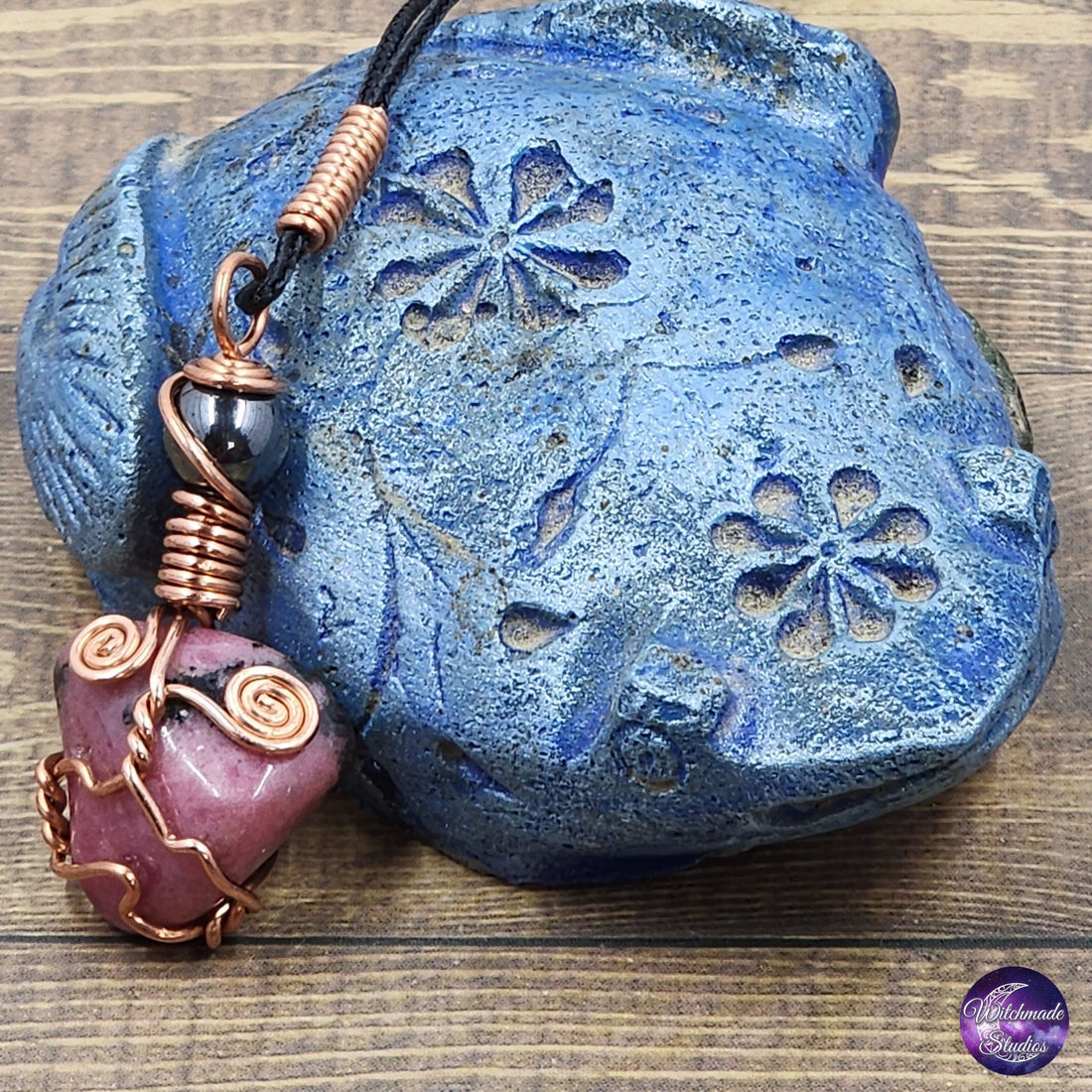 Rhodonite Wire Wrap Crystal Necklace, Copper Metaphysical Jewelry JN162