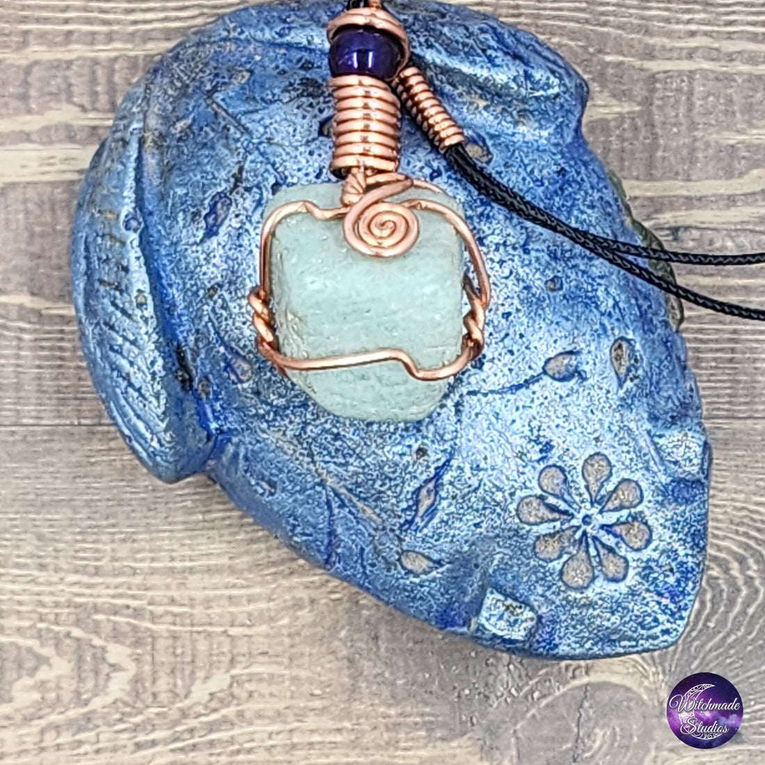 Amazonite Wire Wrap Crystal Necklace, Copper Metaphysical Jewelry JN171