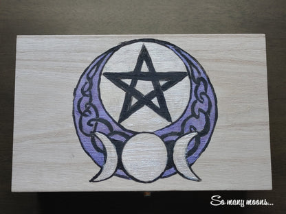 Handpainted Pearl Altar Box, Triple Moon Pentacle Design
