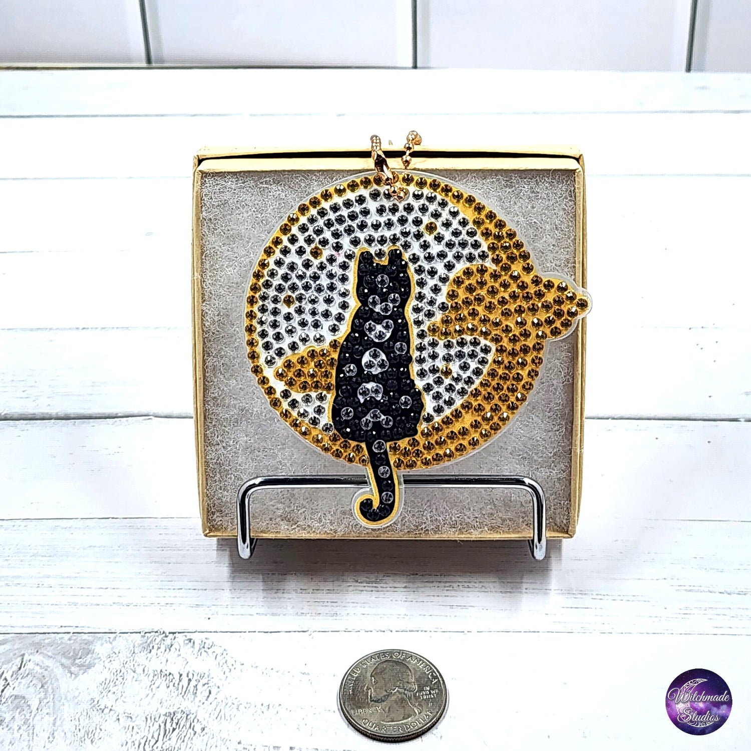 Cat and Moon Keychain, Diamond Painting Ornament, Suncatcher Zipper Pull
