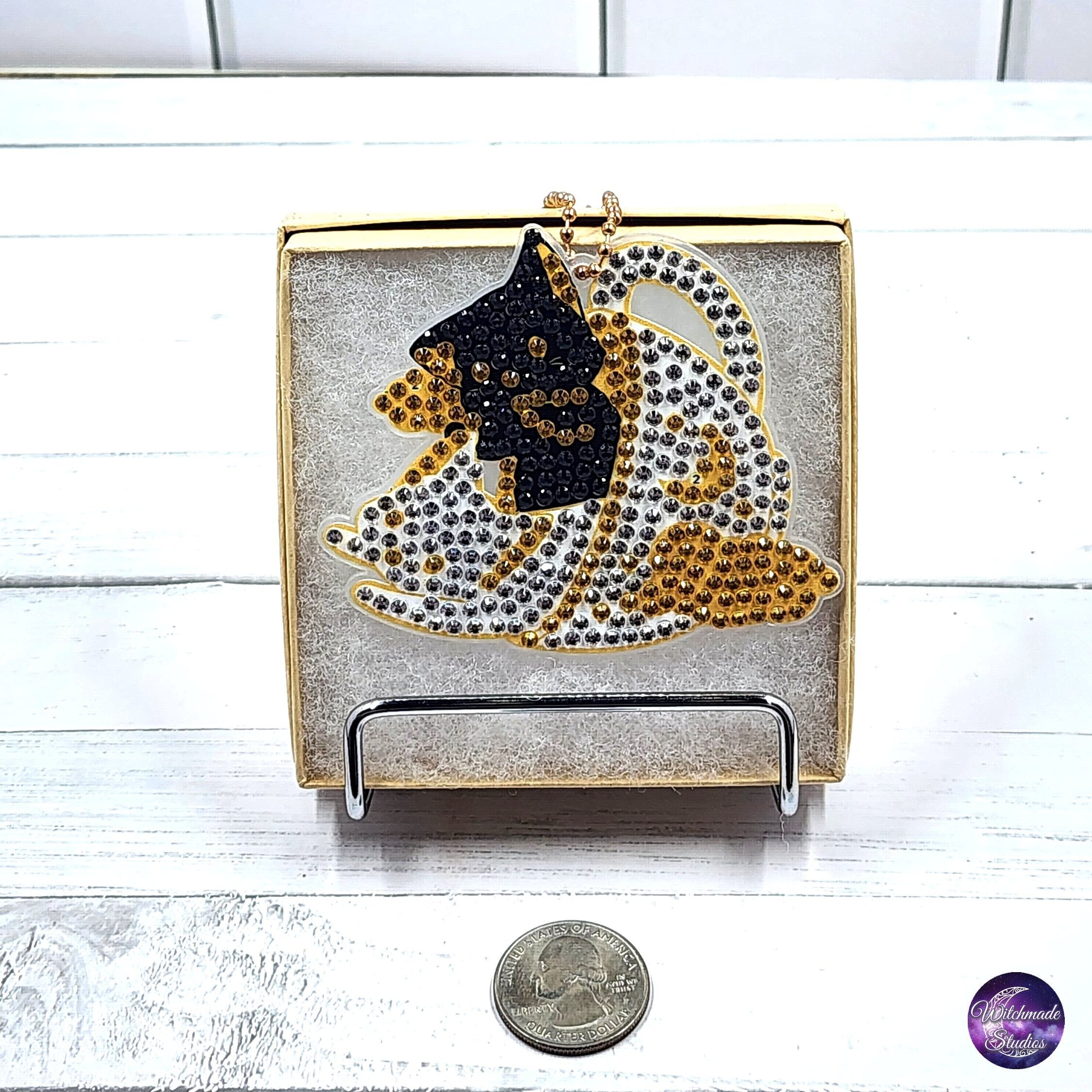 Cat and Moon Keychain, Diamond Painting Ornament, Suncatcher Zipper Pull