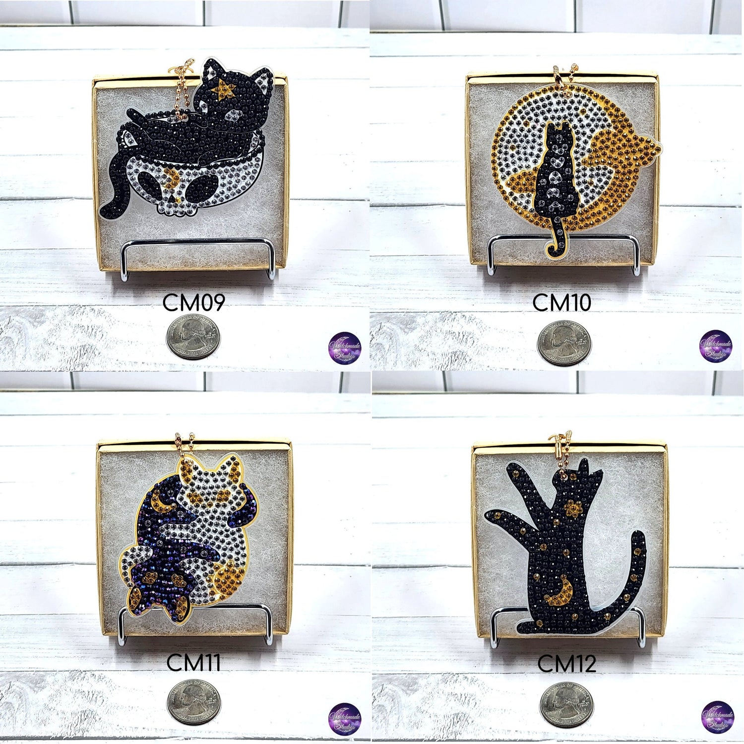 Cat and Moon Keychain, Diamond Painting Ornament, Suncatcher Zipper Pull