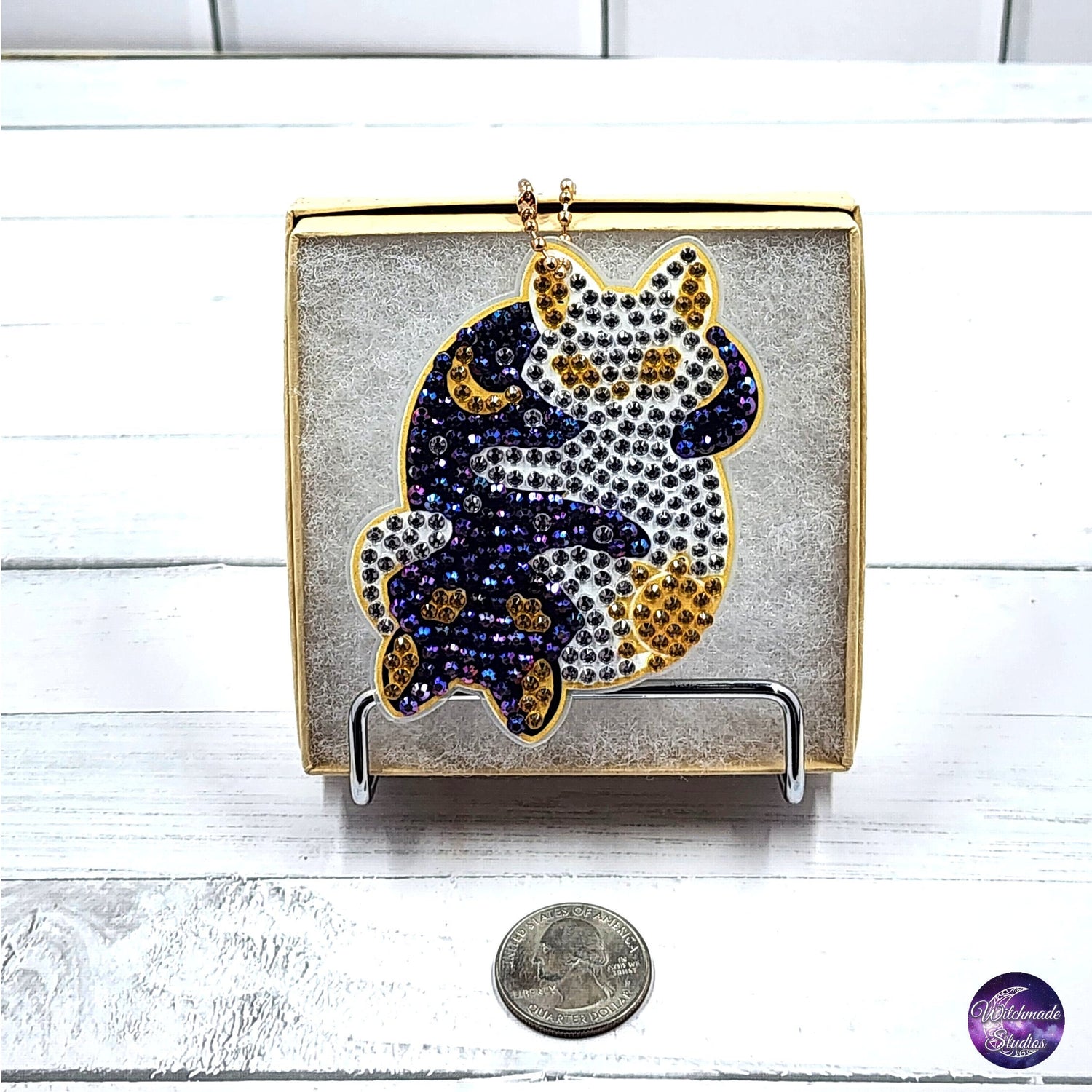 Cat and Moon Keychain, Diamond Painting Ornament, Suncatcher Zipper Pull