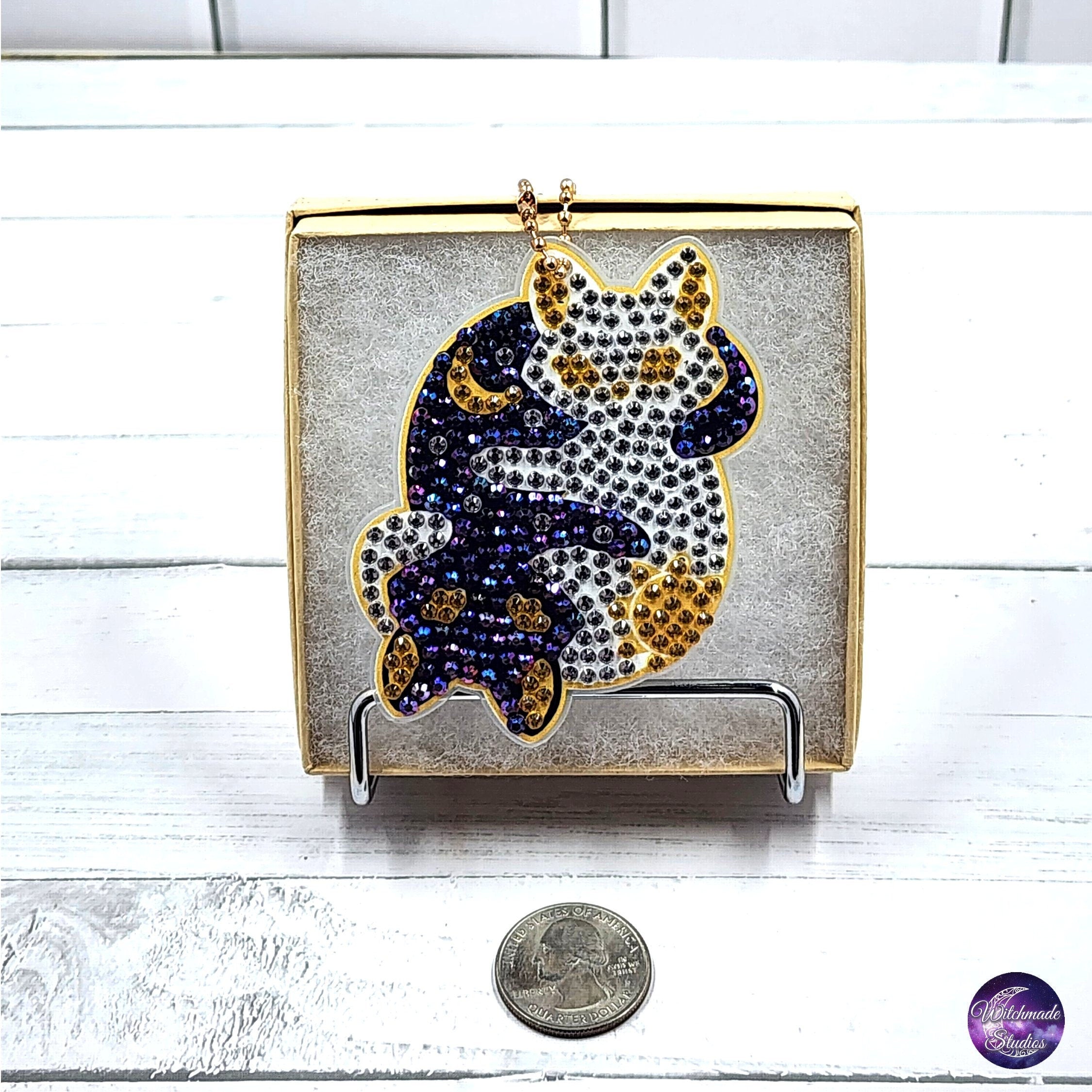 Cat and Moon Keychain, Diamond Painting Ornament, Suncatcher Zipper Pull