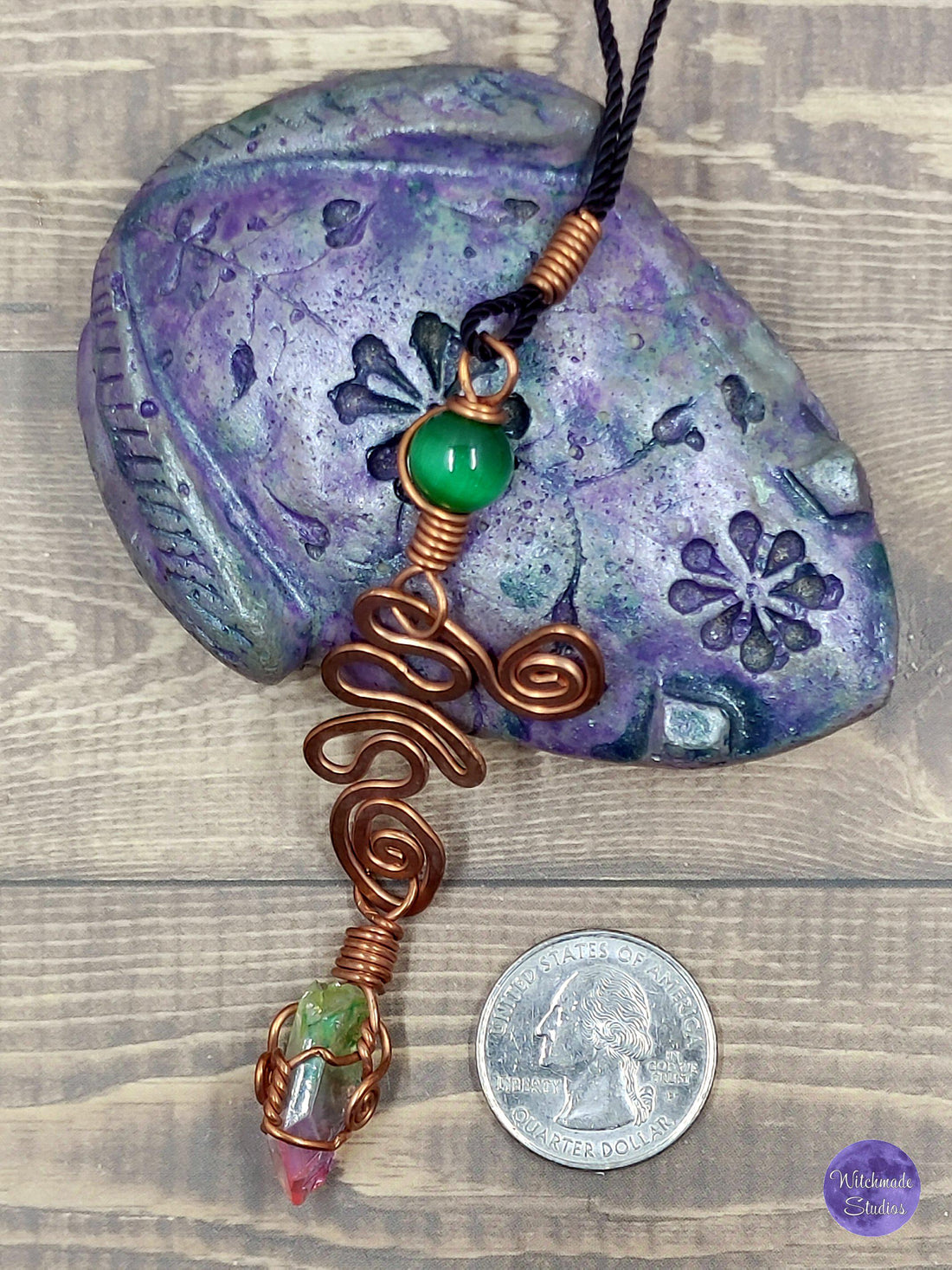 Watermelon Aura Quartz Wire Wrap Crystal Necklace, Copper Metaphysical Jewelry JN135