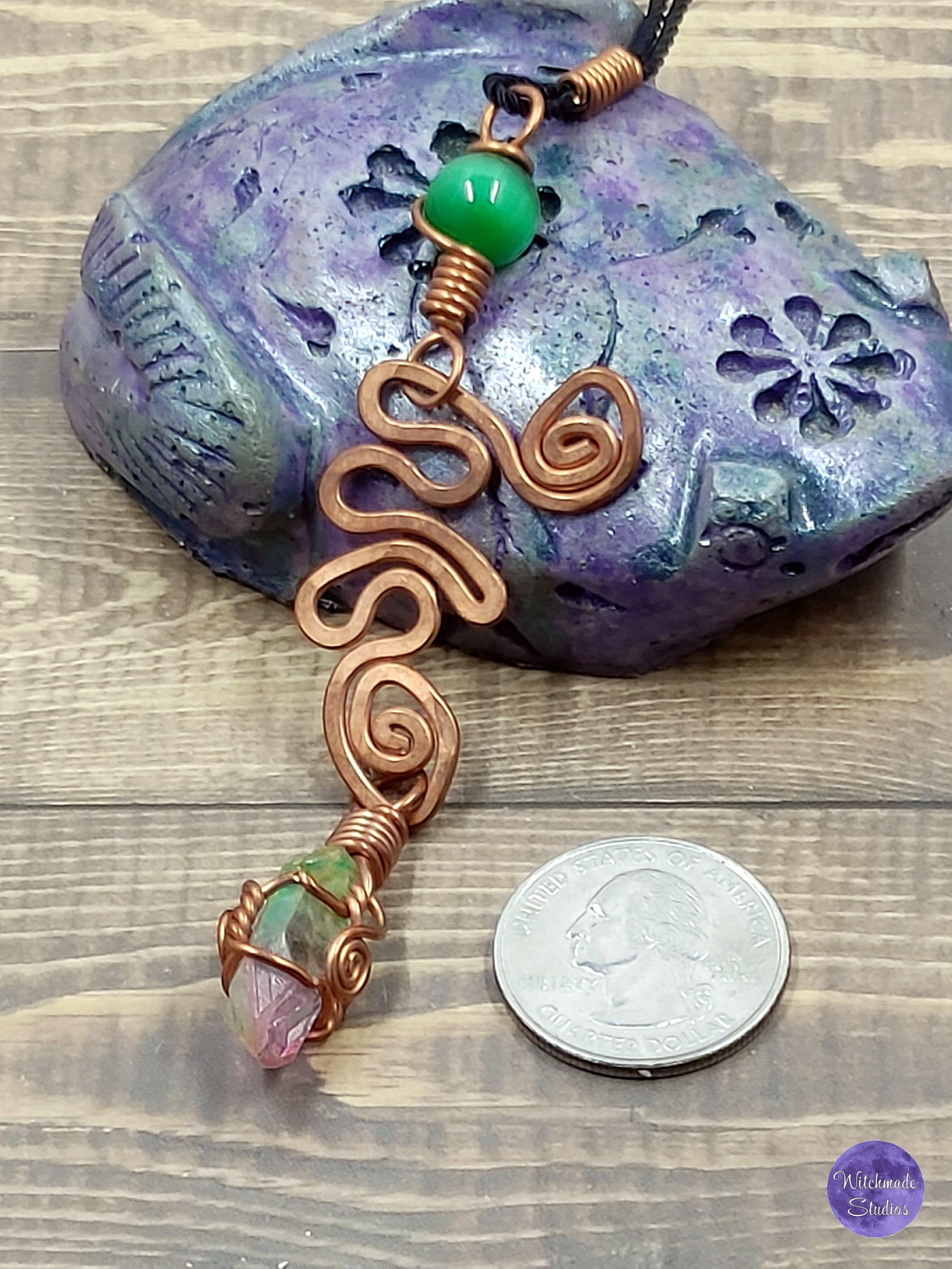 Watermelon Aura Quartz Wire Wrap Crystal Necklace, Copper Metaphysical Jewelry JN135