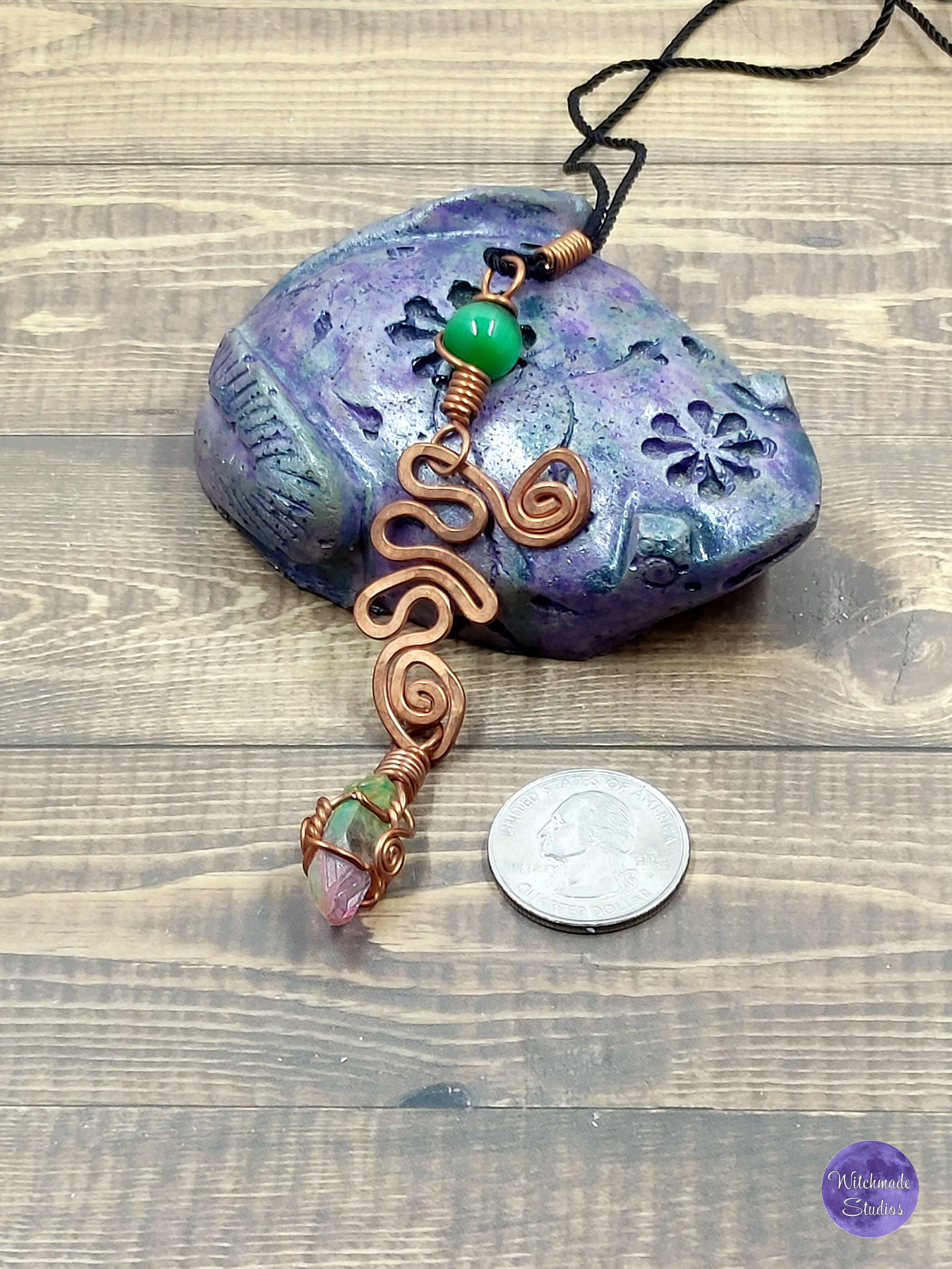 Watermelon Aura Quartz Wire Wrap Crystal Necklace, Copper Metaphysical Jewelry JN135
